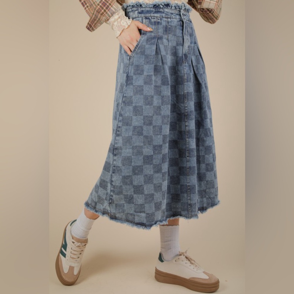 Checkered Blue Denim Skirt
